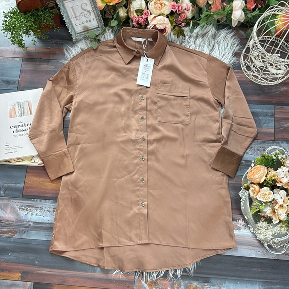 NWT European Style Only Primrose Long Sleeve Satin Shirt Dress in Beaver Fur - Picture 4 of 11